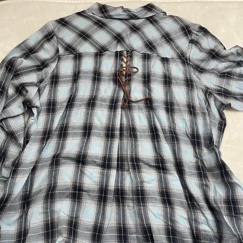 Democracy Plaid Shirt Dress Womens Plus Size 2X Blue Cotton Raw Edge Pockets