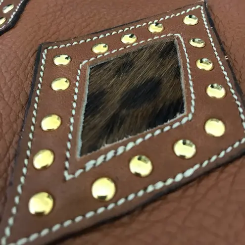 Vintage Leather Animal Print Studded Crossbody Purse Brown