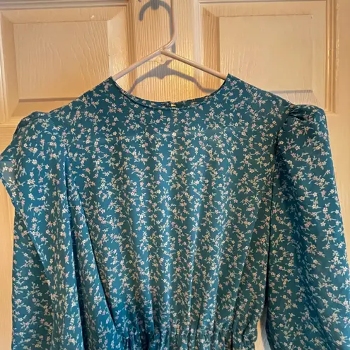 Vintage Alison Peters Petite Teal Floral Print Midi Dress Women's Size 10 Wrap Blue