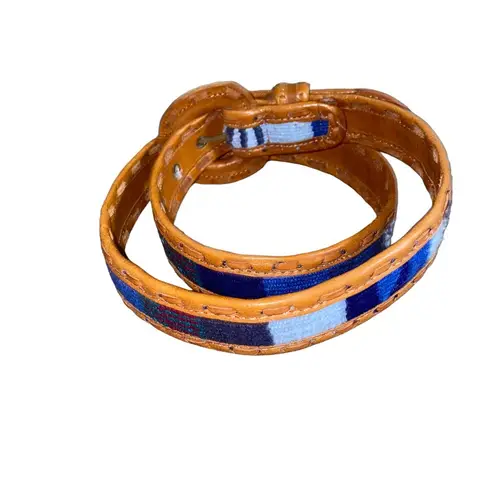 None Stitched woven Genuine Leather retro boho indie Print Belt medium brown/blue