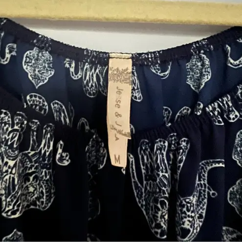 Jesse & J Navy Blue White Elephant Print Longsleeve Romper Jumpsuit Size M Size M