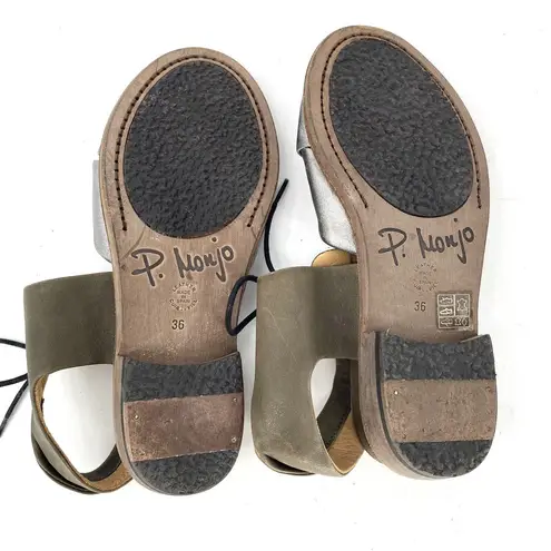 P. Monjo Roman Style Slingback Sandals Lace Up Silver Tan Leather Womens Size 36