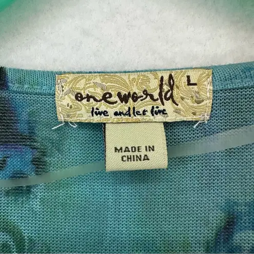 One World  Tie Dye Style V Neck 3/4 Sleeve Blouse Womens Large Blue