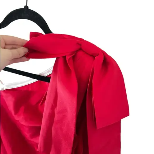 Gal Meets Glam Red Carmen One Shoulder Bow Wide Leg Jumpsuit