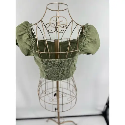 Wilfred Aritzia Wander Green Linen Puff Sleeve Cropped Blouse Size Small