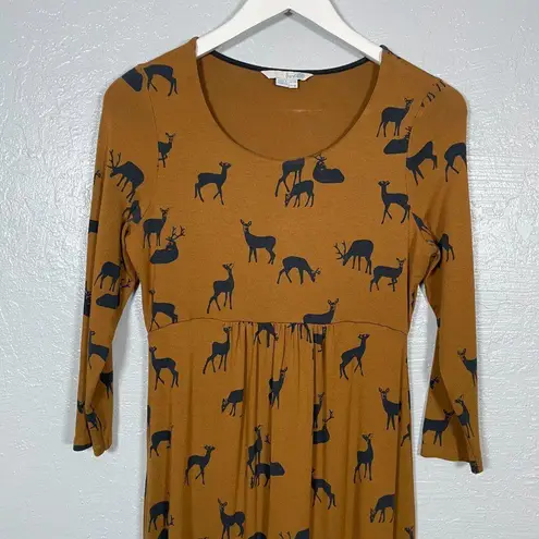 Boden USA Boden Women 8 Tan Brown Oh Deer Print Dress Fit & Flare Jersey 3/4 Sleeve