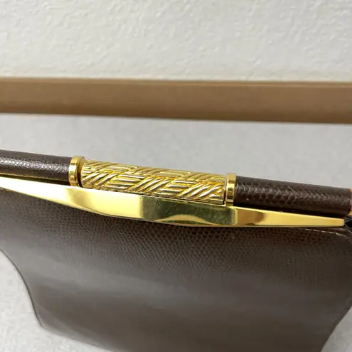 Vtg RODO Italy Leather Frame Handbag Clutch Brown Goldtone Embossed Lined