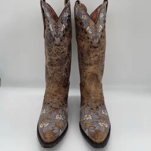 Dan Post Womens 10 Boots Daisy Blue Snip-Toe Cowboy Embroidered Floral Brown