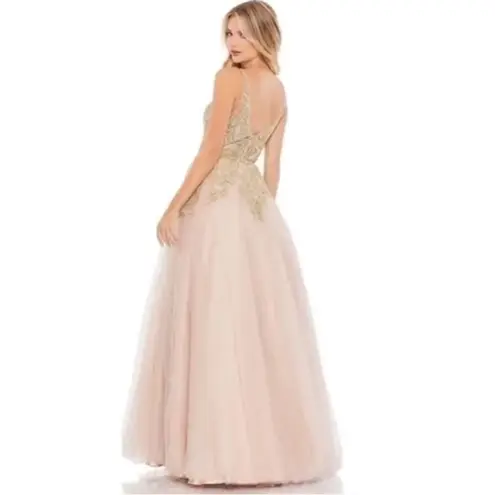 Mac Duggal A-Line Metallic Appliqué Ballgown In Champagne