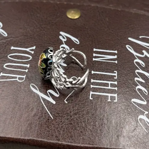 Vintage Floral Glass Cameo Ring | Adjustable Stainless Steel | Holiday Gift Black