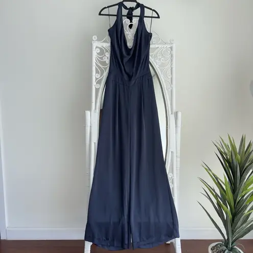 Ramy Brook Jumpsuit Womens 6 Navy Satin Halter Harriet Wide Leg Evening Career