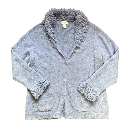 Studio Works Y2K Wool Shag Fringe Fuzzy Knit Blue Large Cardigan Sweater Indie 90s Layering