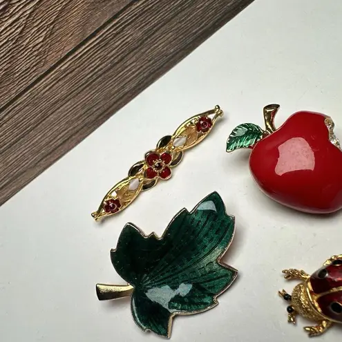 Green Leaf, Red Apple, Ladybug Bug, Flower Bar Enamel Brooch Pin Lot Of 4 Gold
