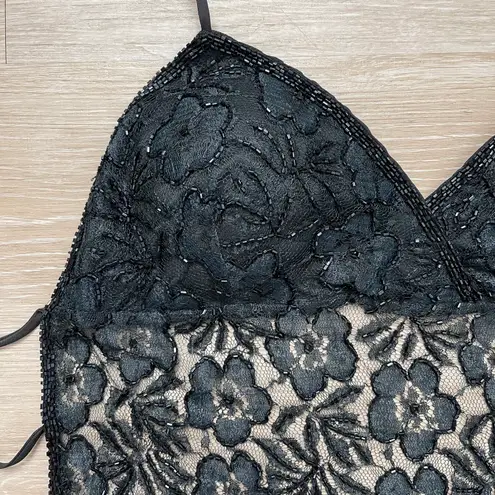 Passport Vintage Y2K Black Floral Sequin Fairy Sheer Open Back Halter Tank Top