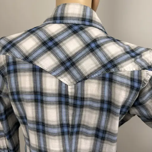 Seven7 Pleated Ruffle Blue Plaid Pearl Snap Button Front Long Sleeve Top Medium - Image 11