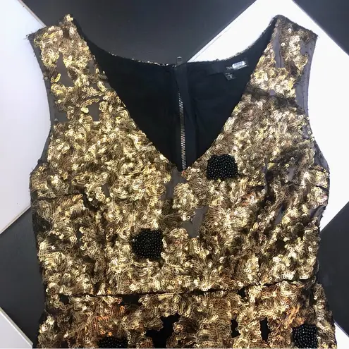 Tracy Reese Black Label Cleopatra Dress Gold Sequins Black Beaded Cutouts size 8