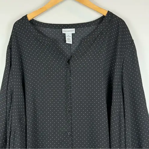 Catherines Top Women's 4X Black White Polka Dot Button Front Tie Sleeve Workwear - Image 2