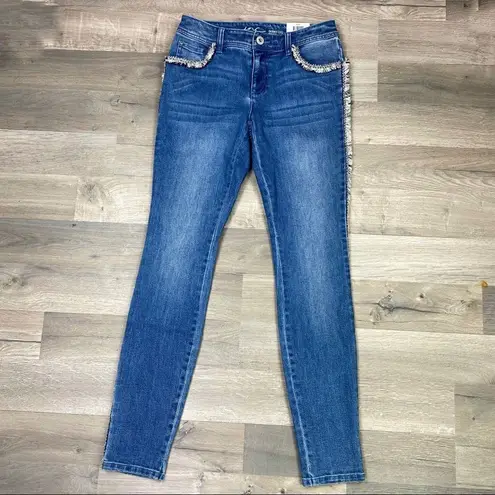INC International Concepts Skinny Jeans Tweed Fringe Side Mid Rise Size 0 NWT Blue
