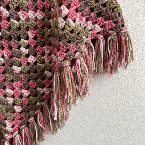 Pink Brown Green Multicolor Handmade Open Crochet Knit Tassel Fringe Poncho Multiple