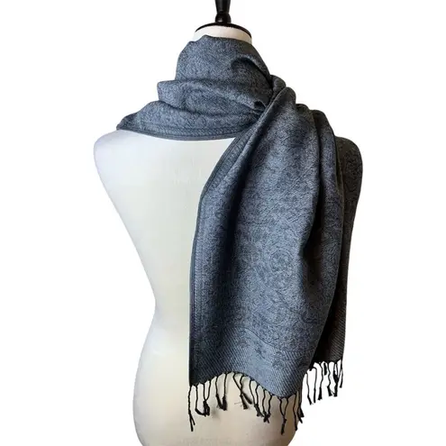 Retro Floral Pashmina Wool Fringe Drape Scarf Shawl Cozy Dark Moody Layering OS Gray