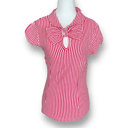 Tatyana Red White Striped Bow Blouse Retro Quirky Puff Sleeve Top Whimsical