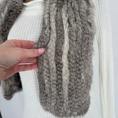 Rex Rabbit Fur Scarf Gray Knit Real Fur Neck Warmer Wrap Soft Plush Winter
