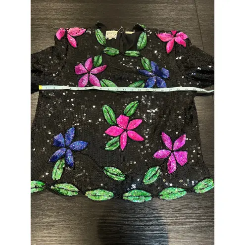 Vintage 1980’s “Sténay” Black Sequin & Beaded Blouse Floral Pattern Large