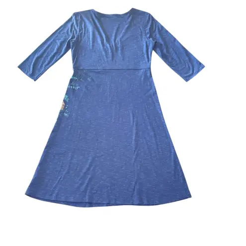 Horny Toad Blue Floral Print V Neck 3/4 Sleeve A Line Midi Dress Women Small