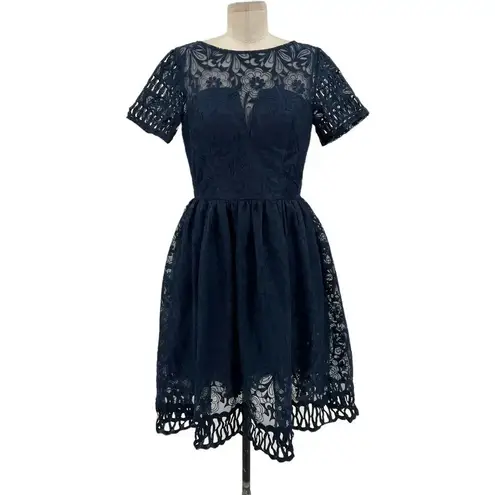 Chi Chi London Sheridan Dress Navy Blue Embroidered Short Sleeve UK 12 US 8