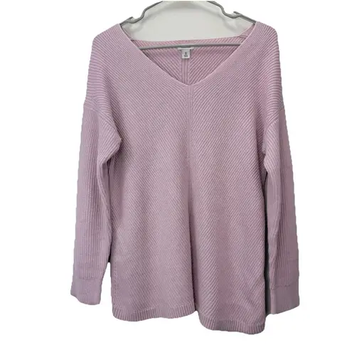 LL Bean Pink V Neck Shaker Stitch Pullover Cotton Sweater size MEDIUM