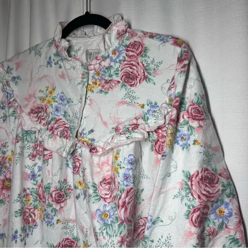 Vintage Mervyns Partners Pink Floral Long Flannel Nightgown L Cottagecore Ruffle Size L
