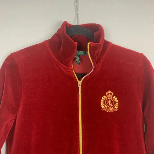 Lauren Ralph Lauren Women’s Medium Velvet Crest Zip Jacket Rich Red Glam Street