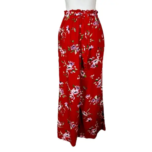 New Look  Wide Leg High Rise Pant Elastic Waist Red Multi Floral Women’s Medium