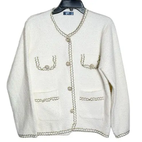 Snowflake Ivory ladylike Knit Jacket gold thread trim Size L / XL White