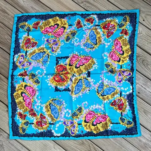 Judith Leiber Gorgeous Turquoise Colorful Butterfly Print Scarf 100% Silk Blue
