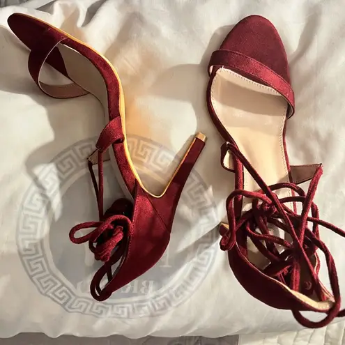 Elegant Allegra K Women's Dark Red Solid Open Toe Lace Up Stiletto Heels Pink Size 9