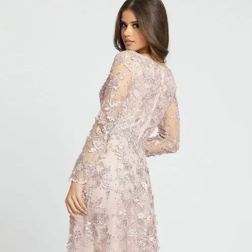 Mac Duggal Pink Floral Applique Illusion Long Sleeve Gown 70224 Sz 4 NWT