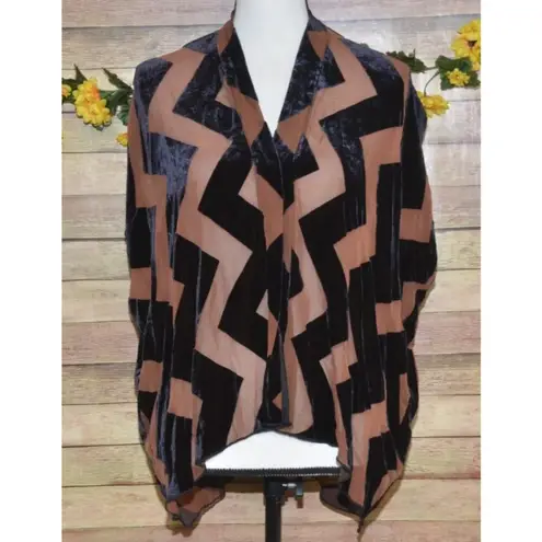 Dolan Antropologie L Brown Silk Black Velvet Chevron Open Top Jacket Sleeveless Size L