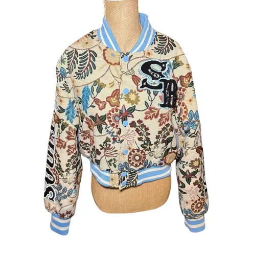 Smoke Rise Tapestry Cropped Botanic Jacket quilted Unique Statement Women Sz L Tan Size L