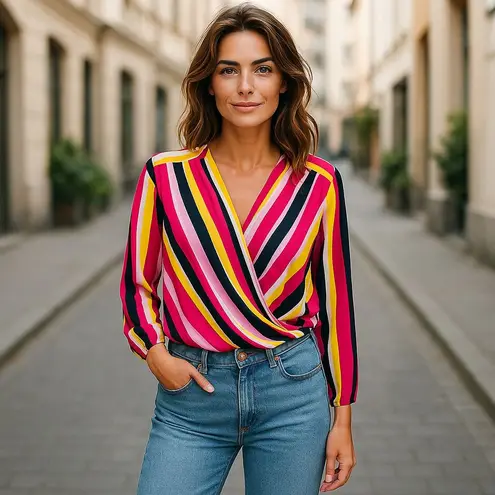 NYGARD Stripe Multicolor Long Sleeve Blouse Red Pink Yellow Size Large