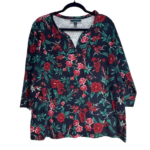 Karen Scott Navy Floral Print 3/4 Sleeve V-Neck Tunic Top Plus Size 2X