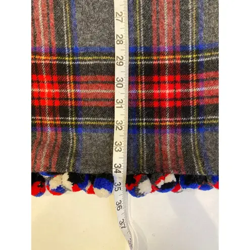 J. Crew Tartan Plaid Pom Pom Trim Holiday Scarf Gray Red Blue EUC OS Winter