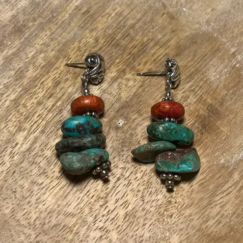 Sterling Silver Turquoise & Coral Stone 925 Dangle Earrings