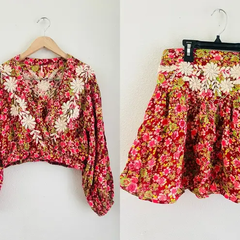 Free People  co-ord set Nyomi Embroidered Floral Mini Skirt Crop Top Red pink