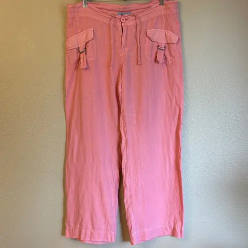 Johnny Was Size MEDIUM Coral Pink Linen Wide Leg Button-Front Pants