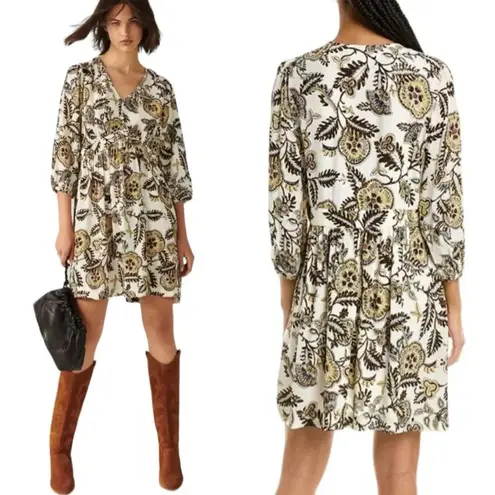 Ba&sh NWT Printed Floral Leaf Volvet 3/4 Sleeve Mini Dress Beige Size XS