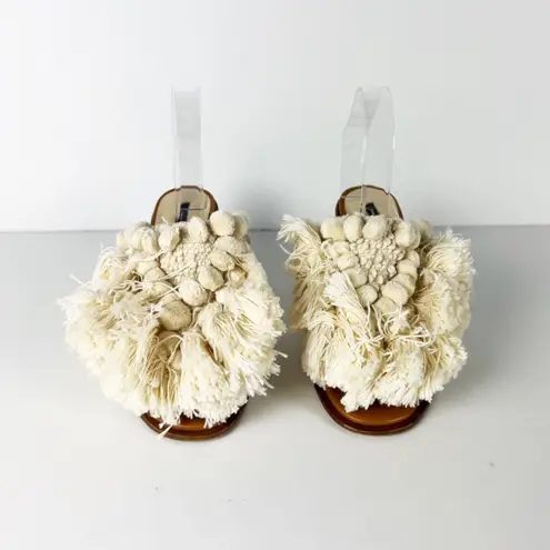 Zara Basic Crochet Knit Tassel Fringe Pom Pom Open Toe Block Heel Sandals Shoes