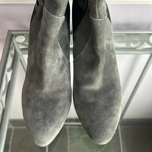 Tahari Greyson gray suede and black stretch color block knee high platform boots