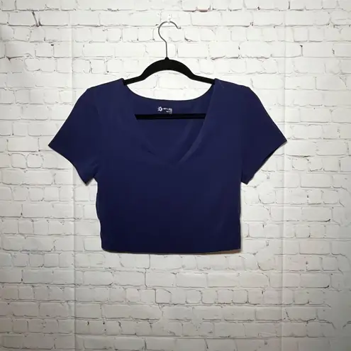Aerie Offline Navy Blue Seamless V Neck Cropped Tee Shirt Workout Women's Size L