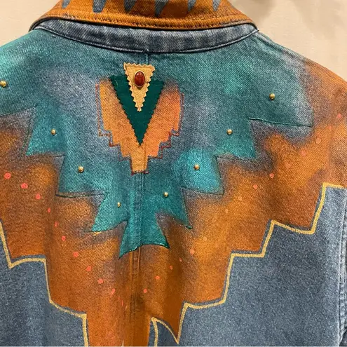 Vintage funky 80’s hand painted jeweled oversized southwestern boho denim blazer Tan Size L